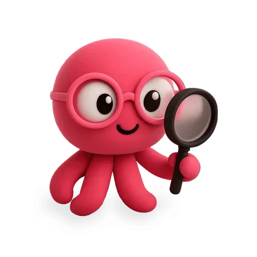 A cute, pink, cartoon octopus with glasses holds a magnifying glass, exuding a playful and inquisitive demeanor against a plain background.